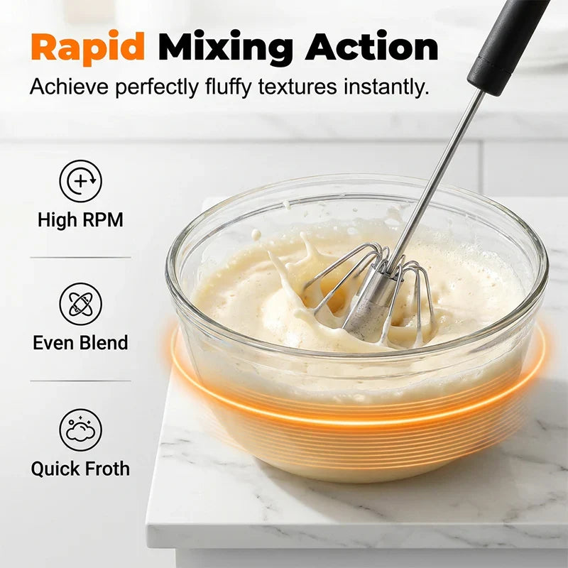 🍰⚡ Stainless steel semi-automatic hand whisk –🥄 Pressure-operated design that produces perfect foam in minutes 🥛