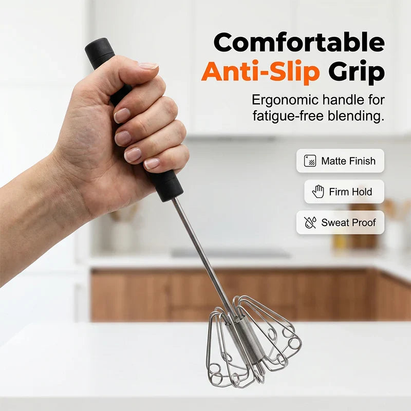 🍰⚡ Stainless steel semi-automatic hand whisk –🥄 Pressure-operated design that produces perfect foam in minutes 🥛