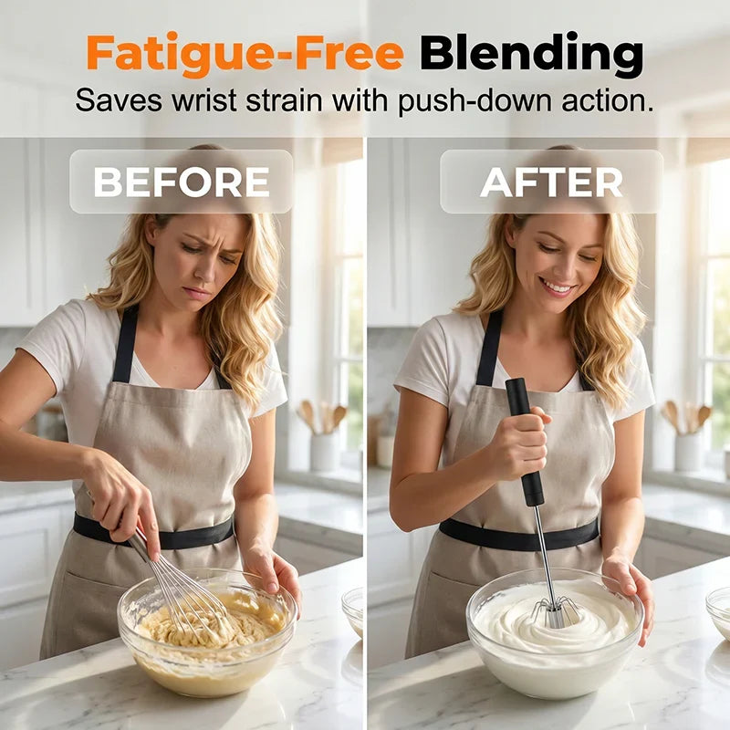 🍰⚡ Stainless steel semi-automatic hand whisk –🥄 Pressure-operated design that produces perfect foam in minutes 🥛